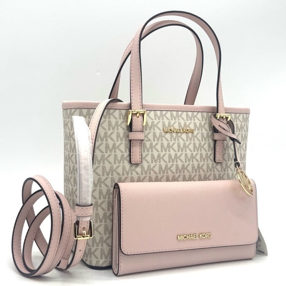 Michael Kors Jet Set Travel Top-Zip Tote Bag & Trifold Wallet Powder Blush Set - Picture 2 of 11